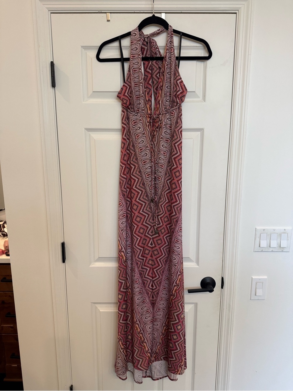 Alexis Pink Red Chevron Abstract Halter Sleeveless Halter Dress Cover Up Small